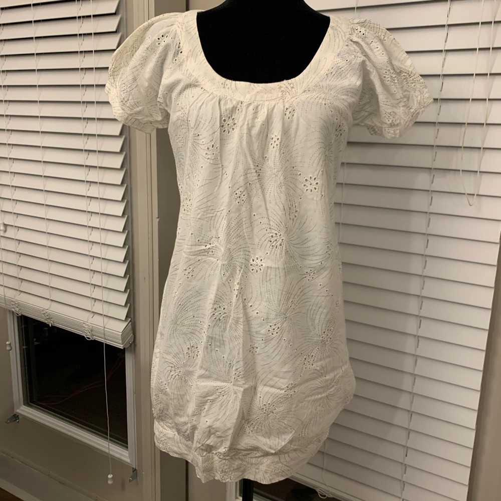 Short Sleeve Cream Eyelet Peasant Dress